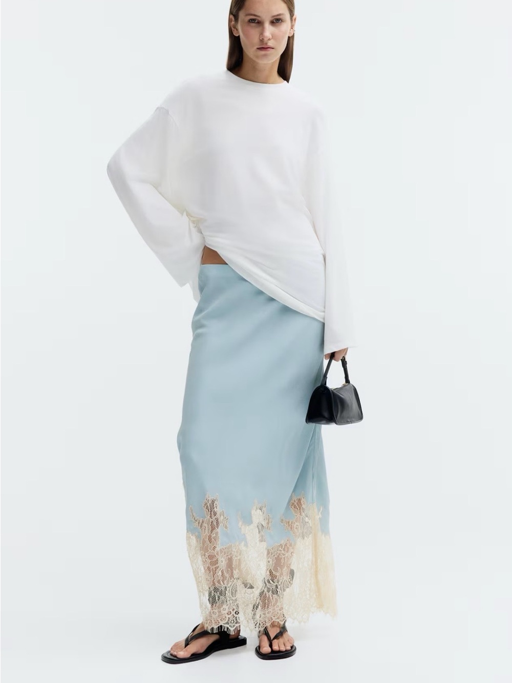 H&M Lace-Trimmed Slip Skirt(Light Dusty Blue W/Cream Lace) Various 1330502004